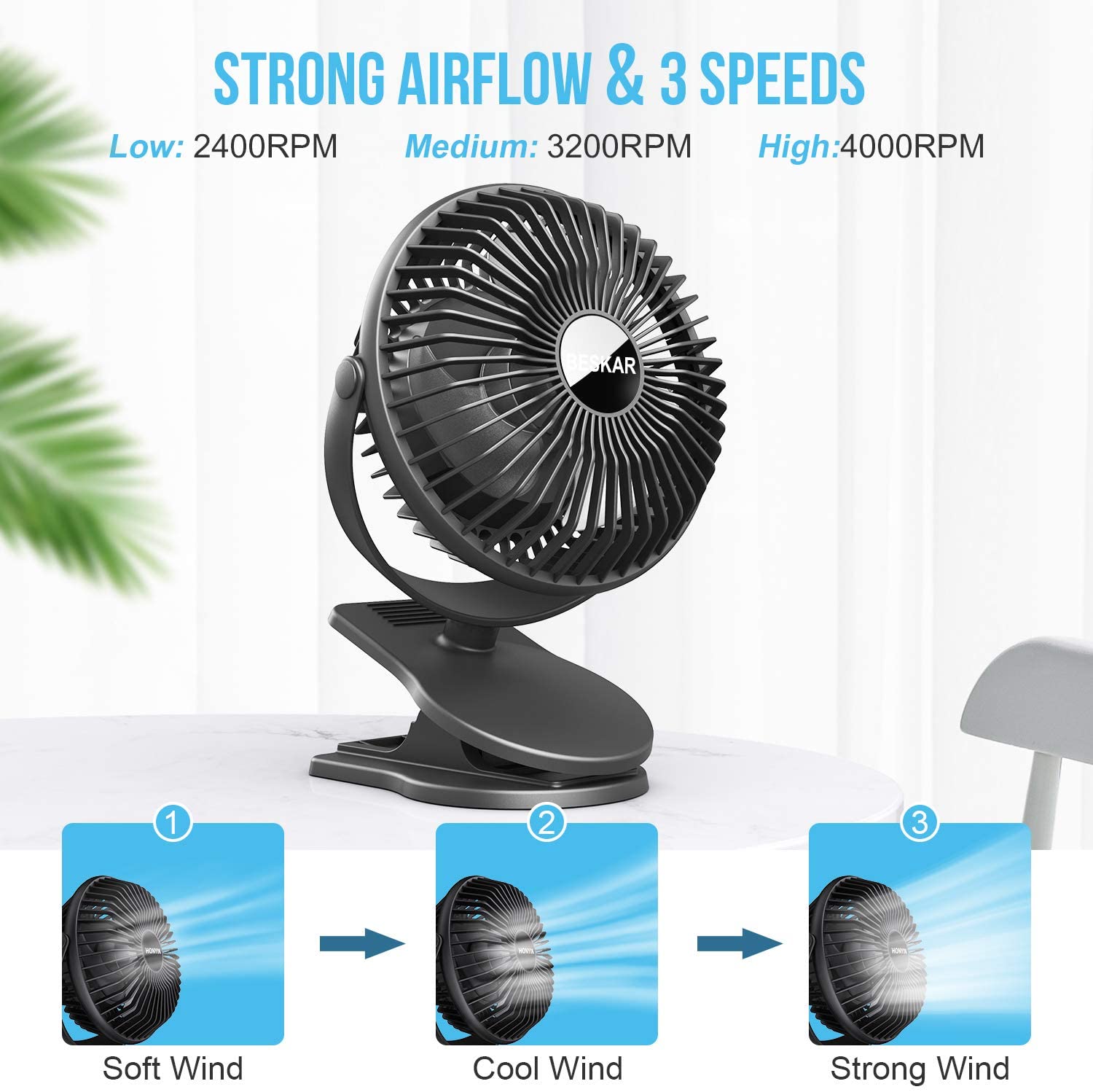 7'' Clip-on Table Fan Strong Airflow USB Powered Cooling Quiet Home 